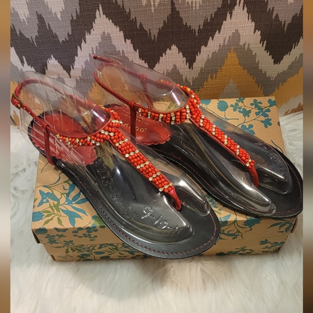 BAMBOO Red and Rhinestone Beaded Sandals